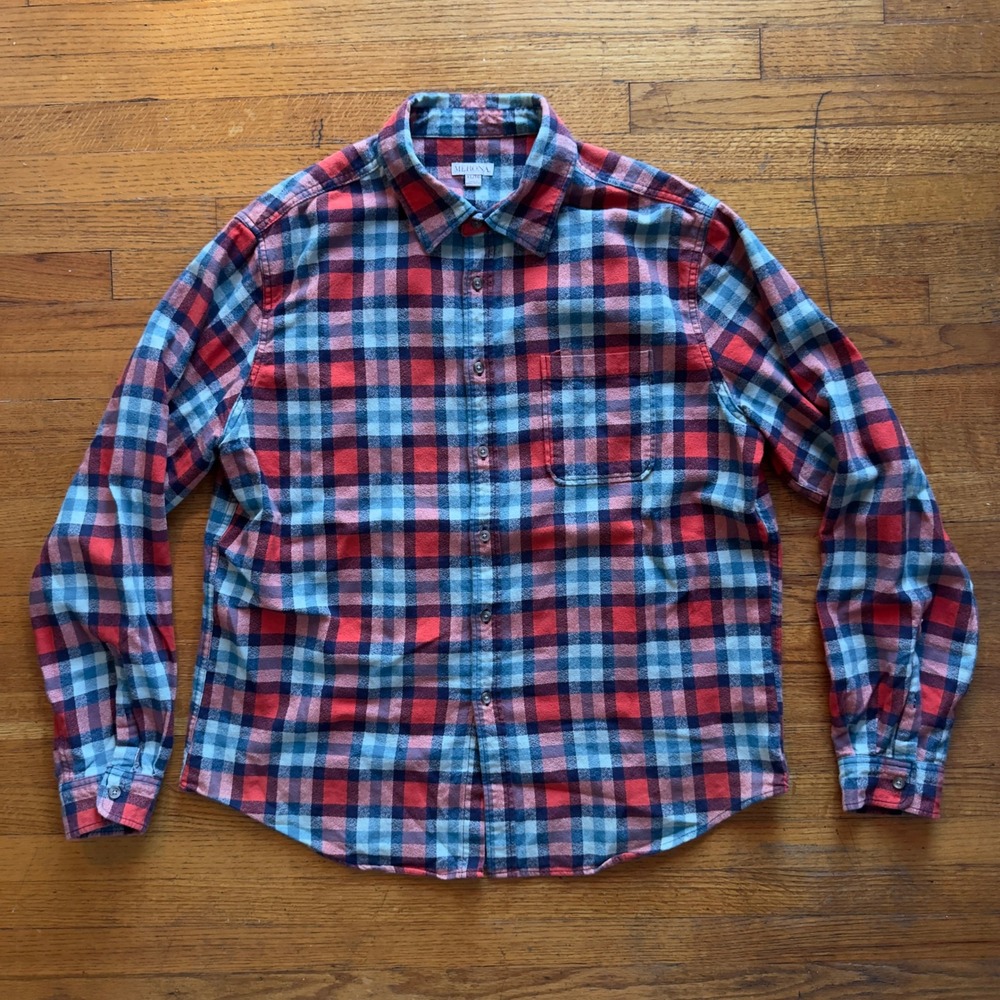 Merona Mens XL Flannel Shirt Long Sleeve Button Up‎ Plaid Blue Red